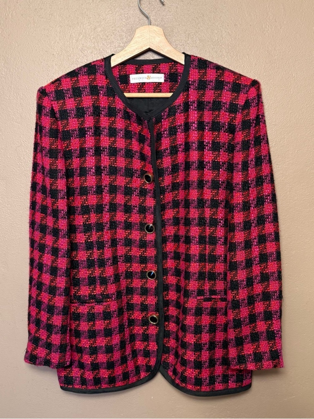 Preswick & Moore Vtg 90s Pink & Black Blazer Jacket, Gold/Black Buttons Size 14